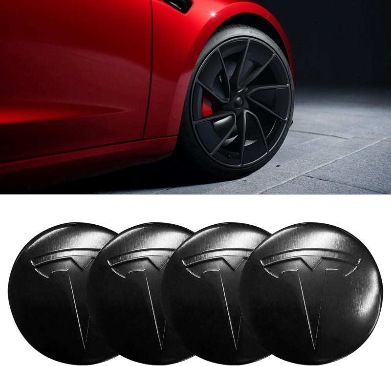 Knomix 4 Pack Aluminum Waterproof Wheel Cover Center Emblem Sticker for Tesla Model 3 Model Y 56mm Hubcaps Wheel Rim Cover (Matte Black) - Image 4